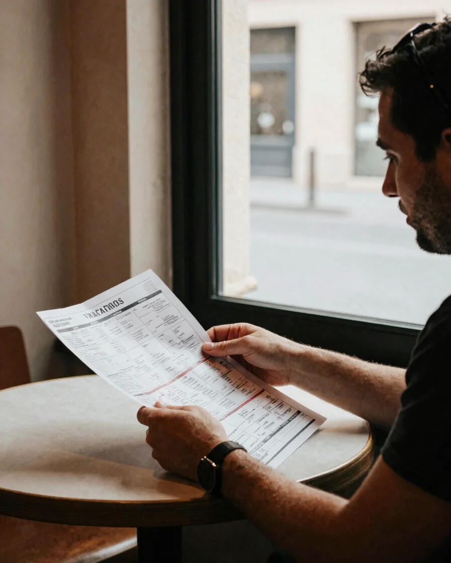 Candid editorial travel photograph of a traveler reviewing a printed itinerary at a café table beside a window, natural